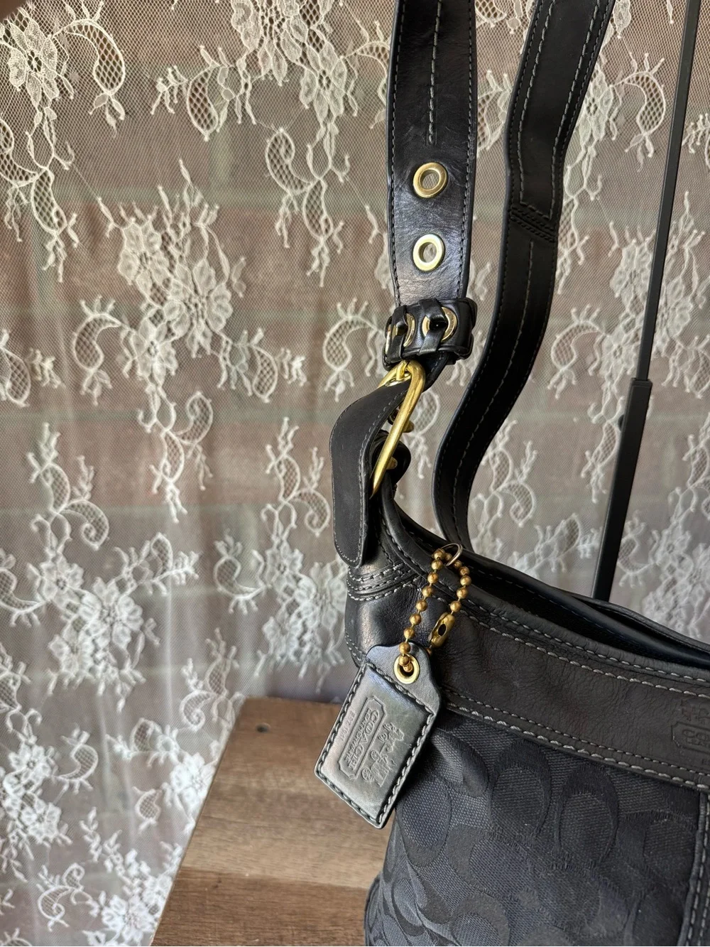 Coach Black Signature Monogram Shoulder Bag with Cherry Charm